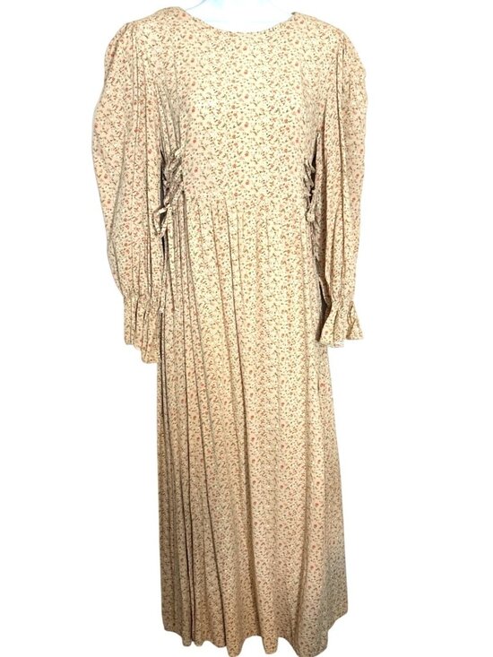 Diversiya Dresses & Skirts - Cottage Ditsy Floral Maxi Dress Large Beige Ruffle Sleeve Side Ties Boho Prairie